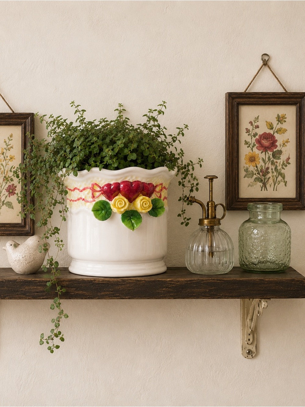 Vintage Ceramic Planter with Heart and Rose Design
